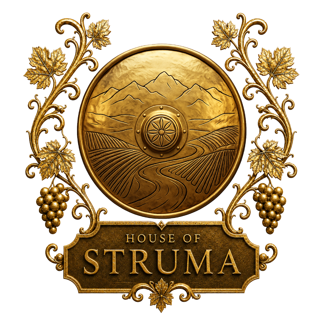 The House of Struma crest: a bronze medallion showing mountains, vineyards and the Struma River, framed by vines.