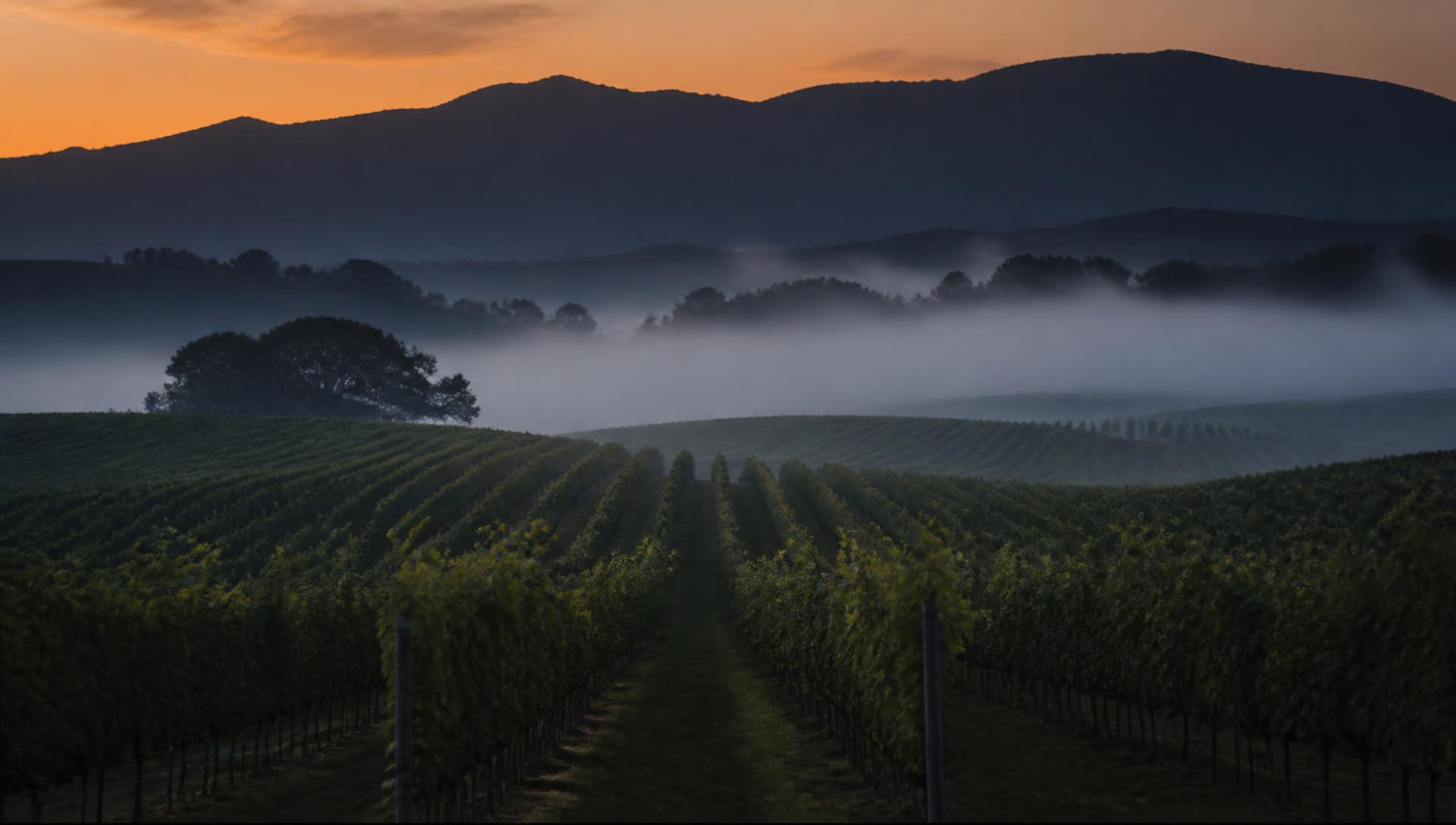 Vineyard rows disappearing into evening mist below a dark mountain silhouette.
